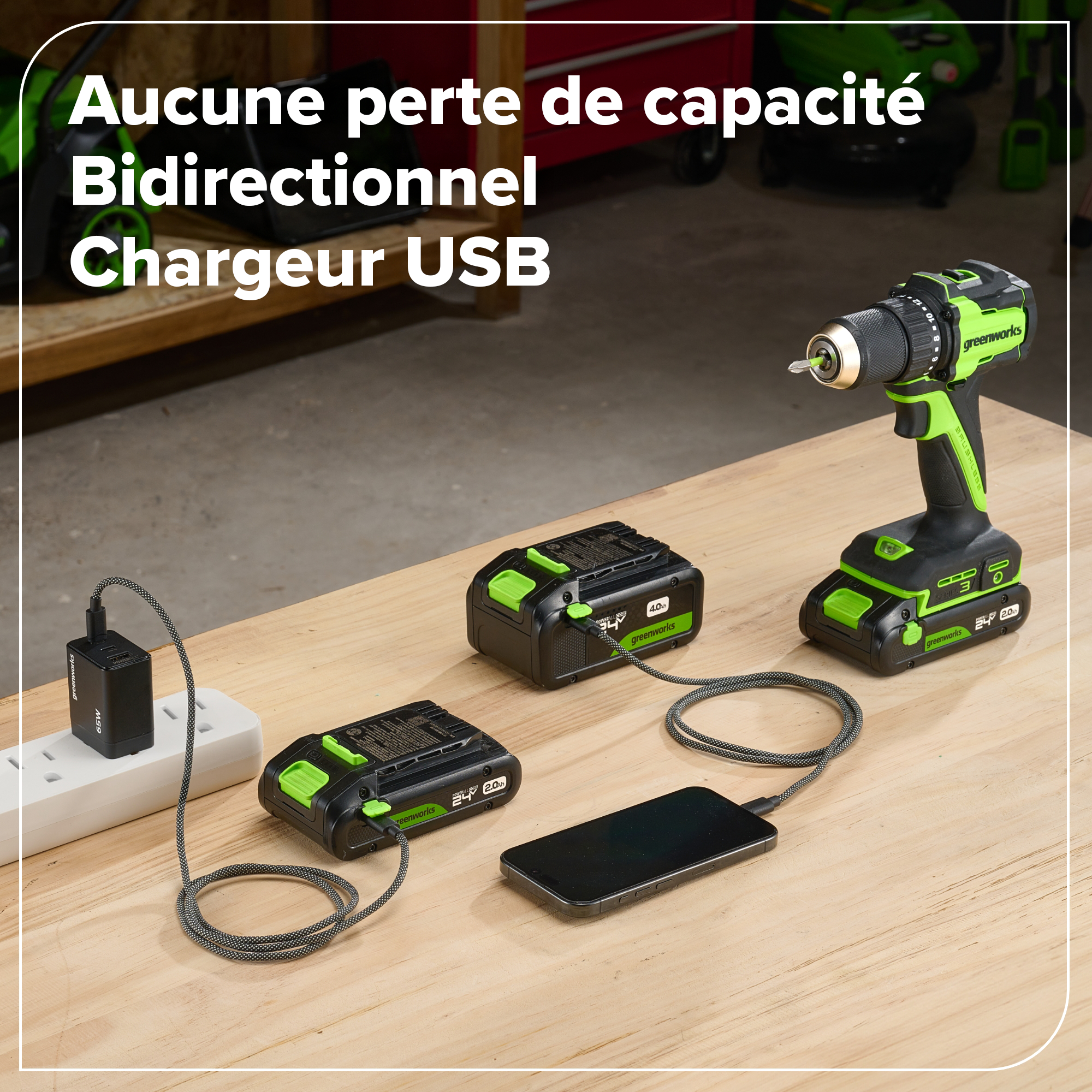 24V Bürstenloses 10-teiliges Elektrowerkzeug-Kombiset, inkl. (2) 4,0Ah & (1) 2,0Ah USB-C Akkus & 65W Ladegerät