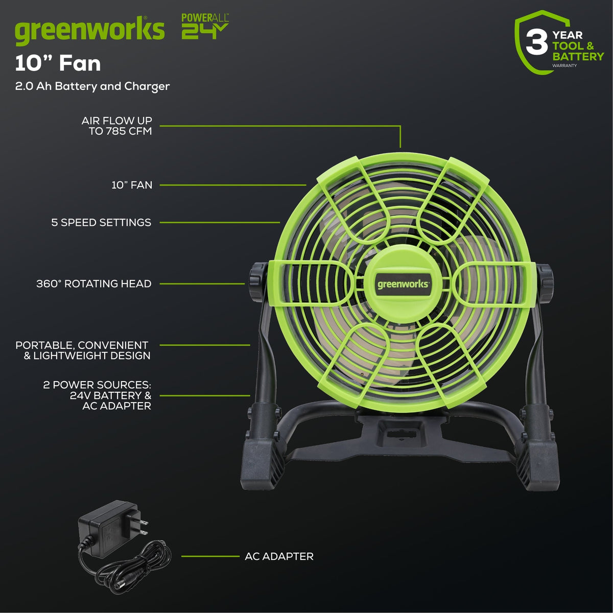 24V tragbarer Ventilator mit 2,0 Ah USB-Akku und Netzteil/Ladegerät im Lieferumfang enthalten