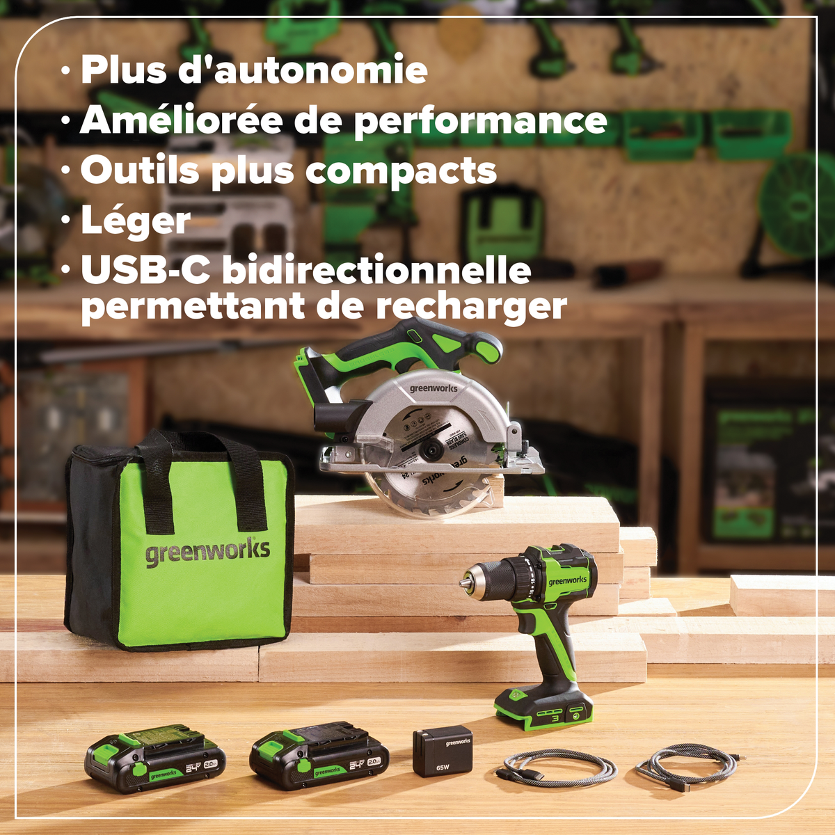 24V Akku-Bohrschrauber und 6,5-Zoll-Kreissägen-Set – Inklusive (2) 2,0Ah USB-C Akkus & 65W USB-C Schnellladegerät