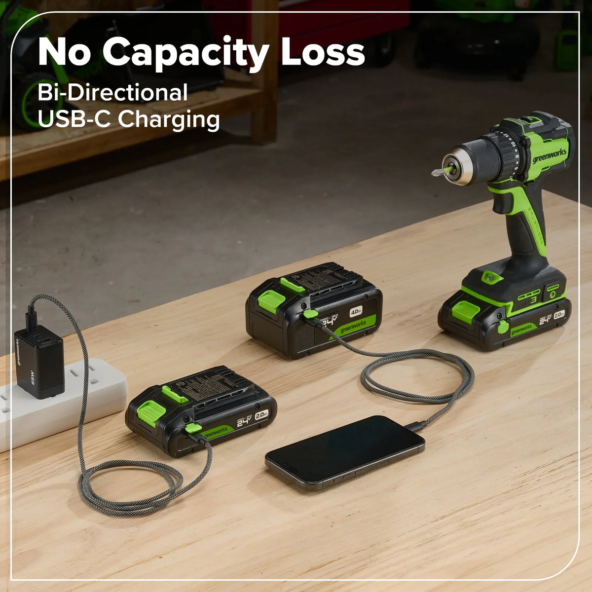 24V Akku-Bohrschrauber 1/2" 400 in/lbs. – Inklusive 2,0 Ah USB-C Akku und 30W USB-C Schnellladegerät