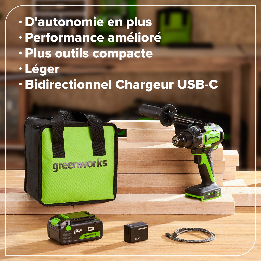 24V Akku-Bohrschrauber 1/2" 800 in/lbs – Inklusive 4,0Ah USB-C Akku & 65W USB-C Schnellladegerät