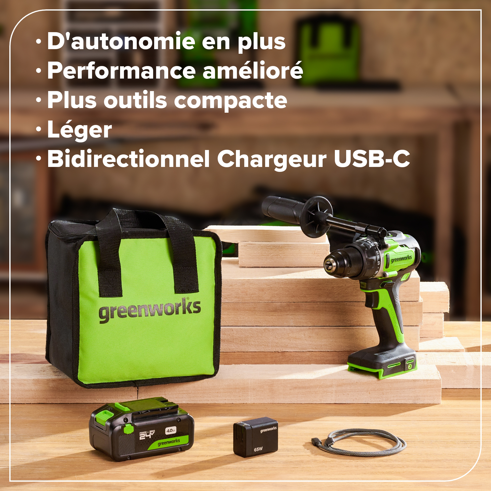 24V Akku-Bohrschrauber 1/2" 800 in/lbs – Inklusive 4,0Ah USB-C Akku & 65W USB-C Schnellladegerät