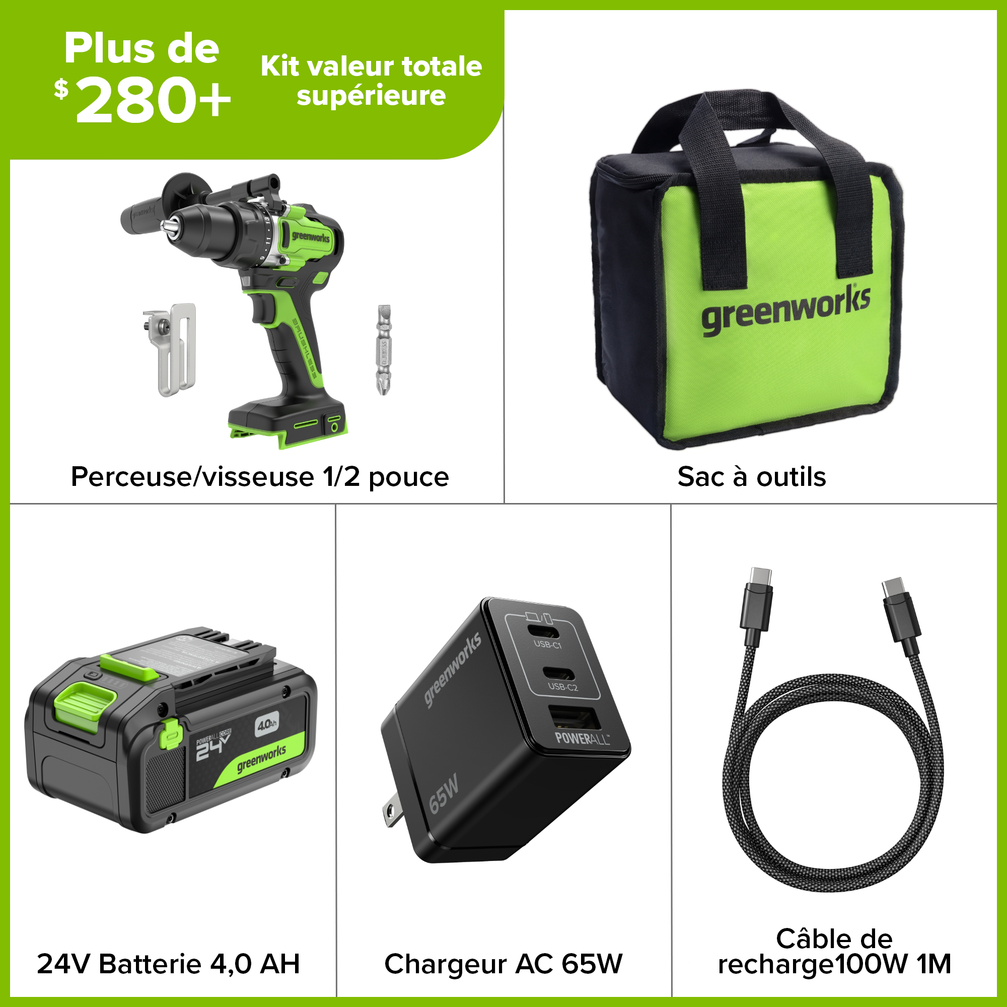24V Akku-Bohrschrauber 1/2" 800 in/lbs – Inklusive 4,0Ah USB-C Akku & 65W USB-C Schnellladegerät