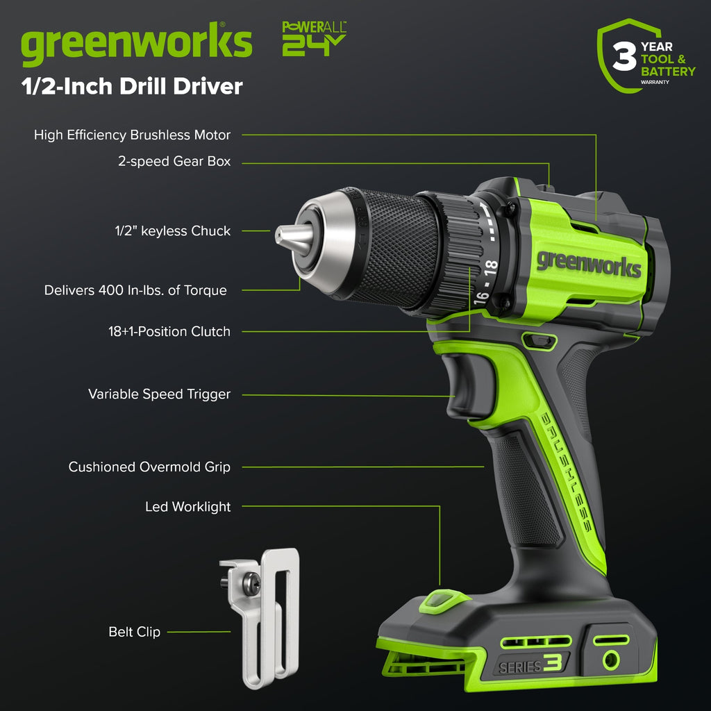 24V Akku-Bohrschrauber 1/2" 400 in/lbs. – Inklusive 2,0 Ah USB-C Akku und 30W USB-C Schnellladegerät