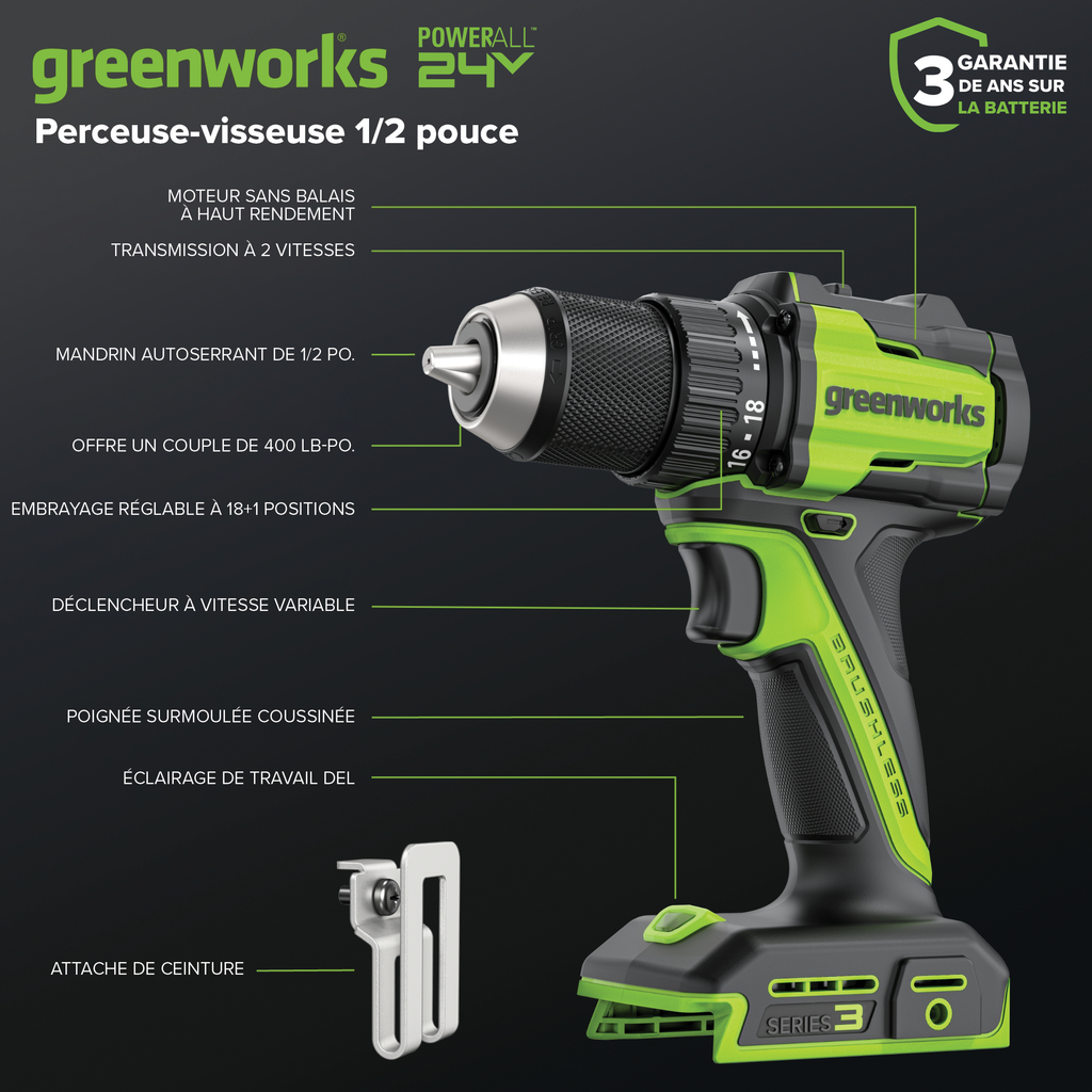 24V Akku-Bohrschrauber 1/2" 400 in/lbs. – Inklusive 2,0 Ah USB-C Akku und 30W USB-C Schnellladegerät