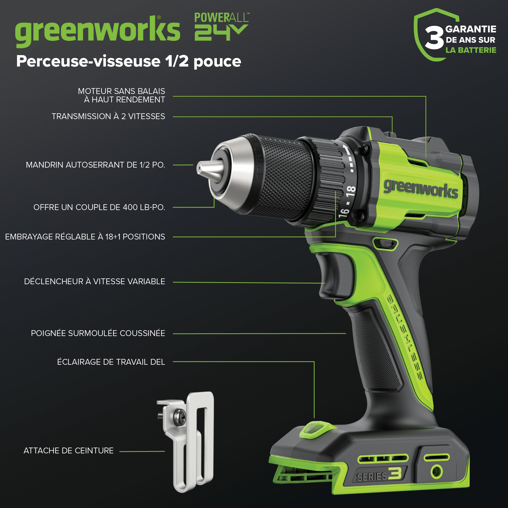 24V Akku-Bohrschrauber 1/2" 400 in/lbs. – Inklusive 2,0 Ah USB-C Akku und 30W USB-C Schnellladegerät