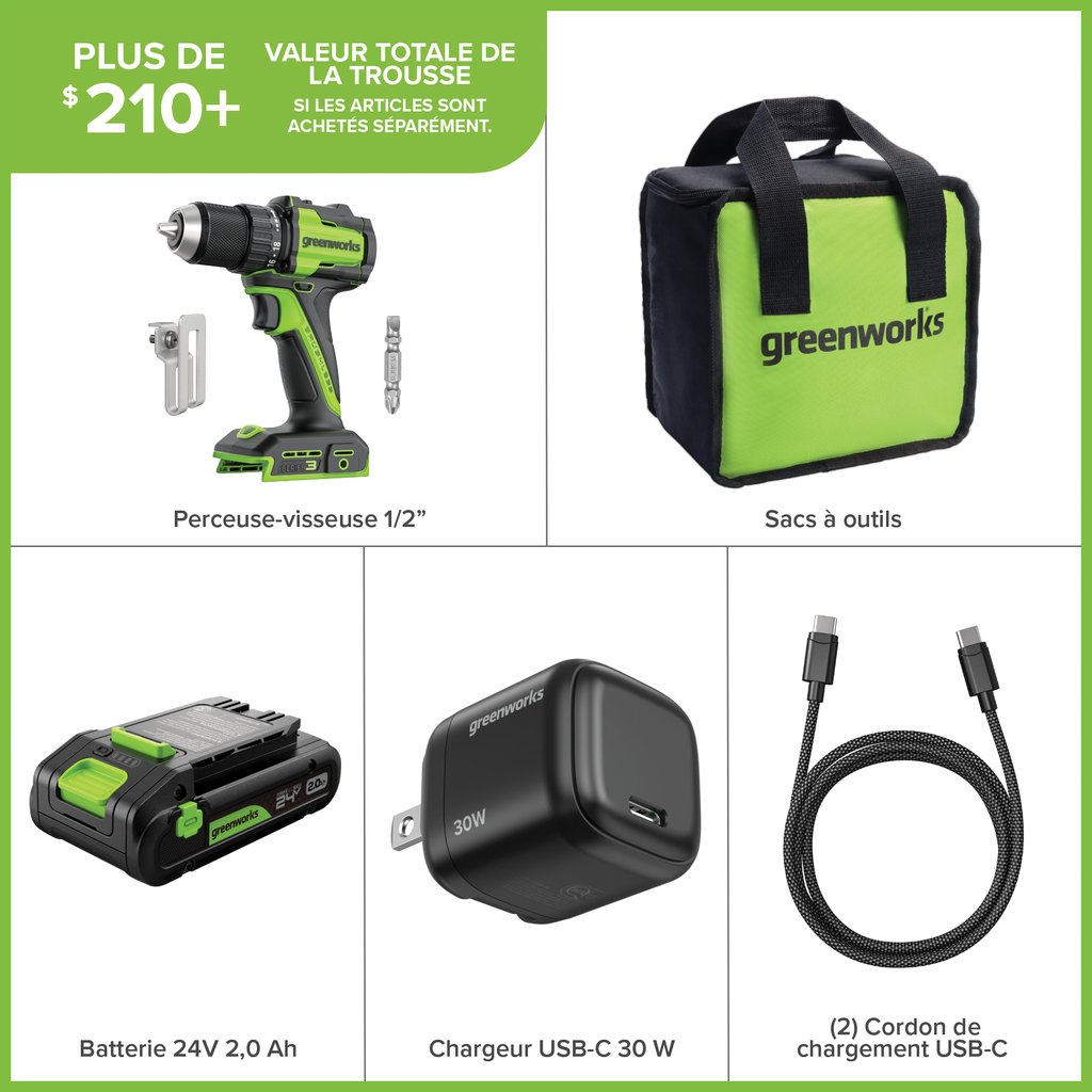 24V Akku-Bohrschrauber 1/2" 400 in/lbs. – Inklusive 2,0 Ah USB-C Akku und 30W USB-C Schnellladegerät