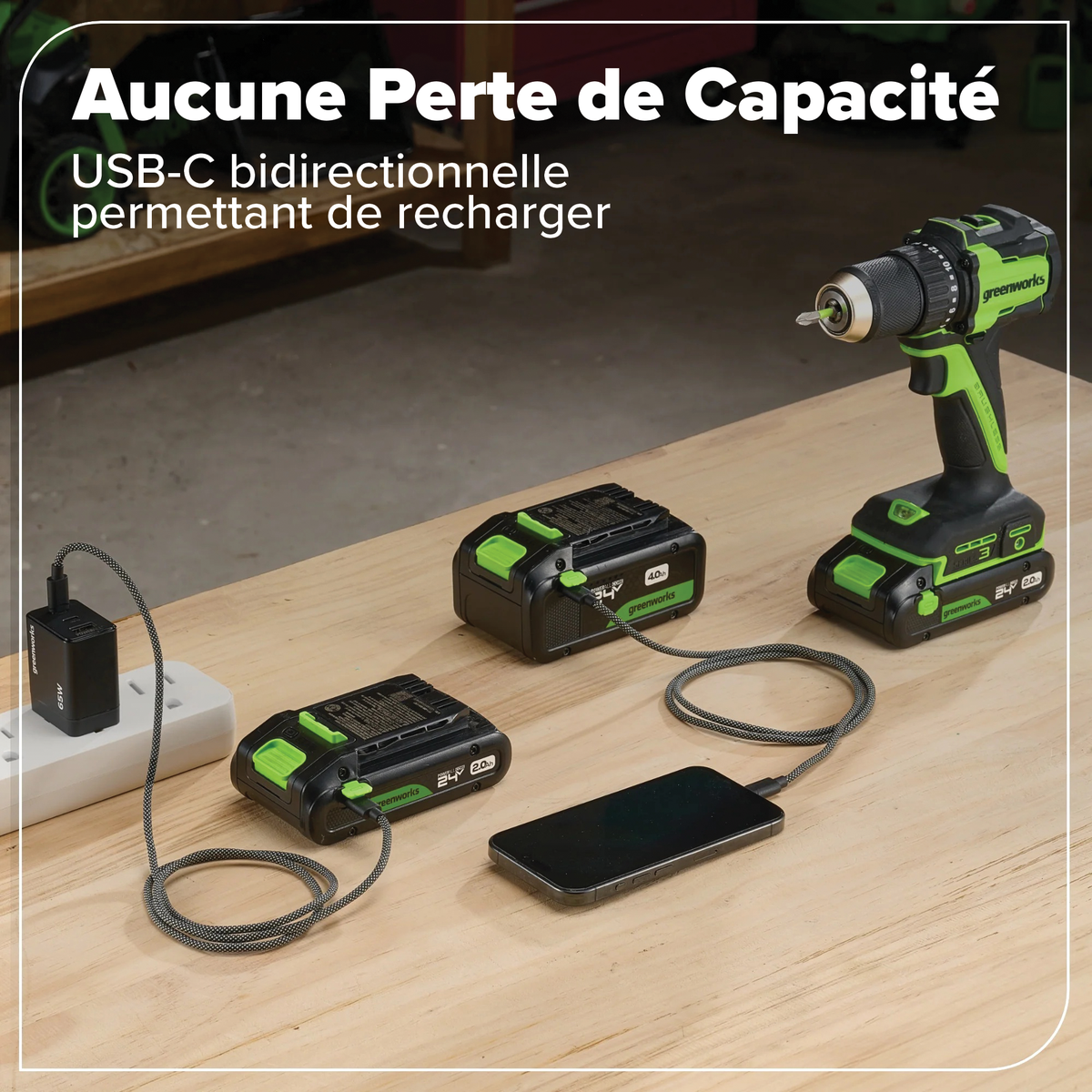 24V Akku-Bohrschrauber 1/2" 400 in/lbs. – Inklusive 2,0 Ah USB-C Akku und 30W USB-C Schnellladegerät