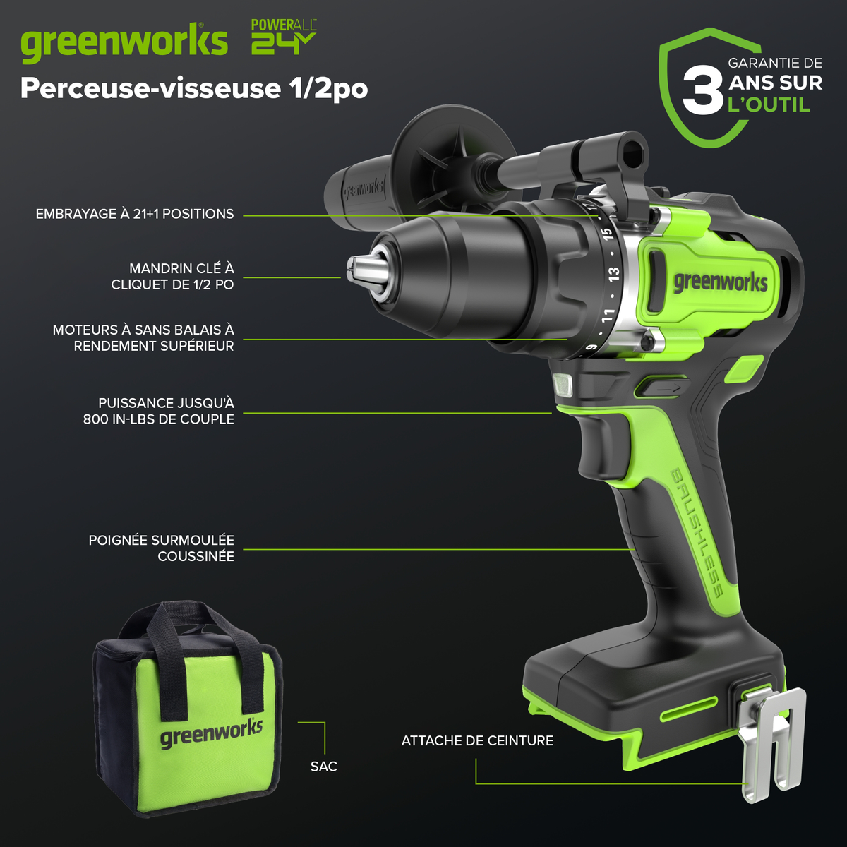 24V Akku-Bohrschrauber 1/2" 800 in/lbs – Inklusive 4,0Ah USB-C Akku & 65W USB-C Schnellladegerät