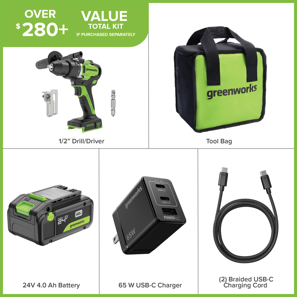 24V Akku-Bohrschrauber 1/2" 800 in/lbs – Inklusive 4,0Ah USB-C Akku & 65W USB-C Schnellladegerät